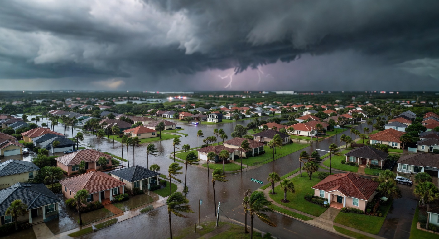 Wide 8K aerial shot of Southwest Florida during a tropical storm showing flooding patterns in different neighborhoods of Estero and surrounding areas