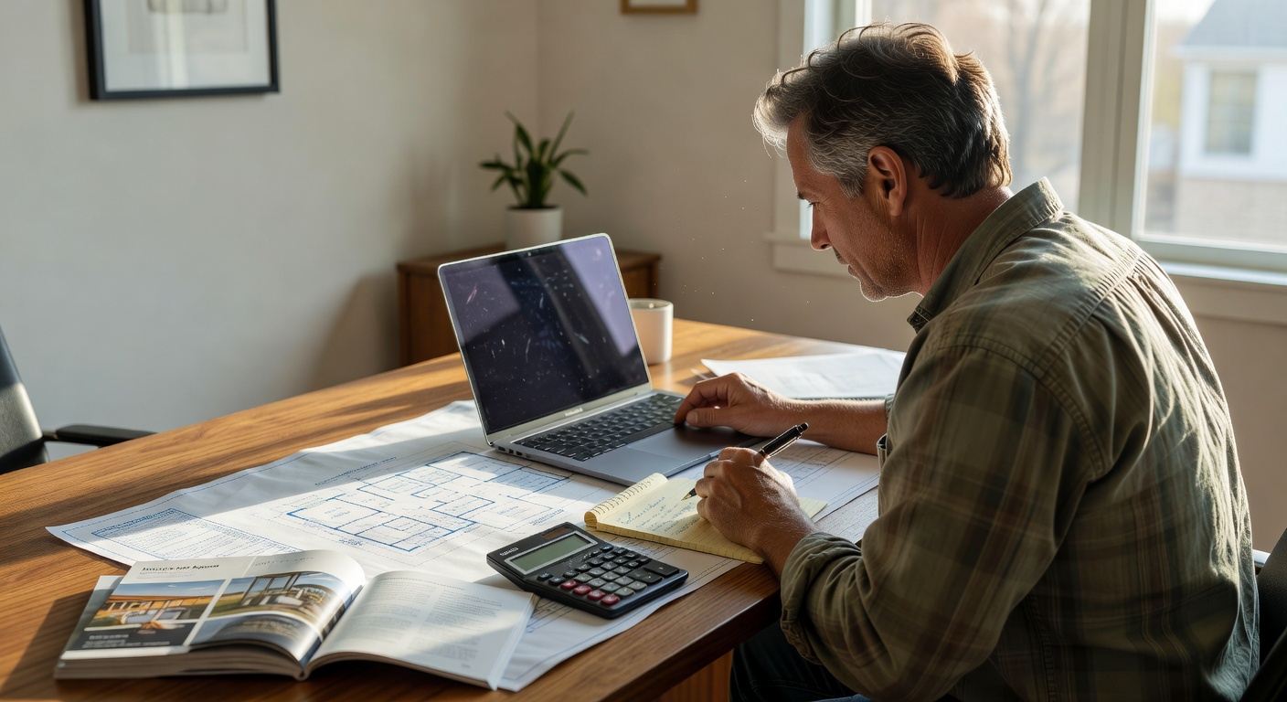 Homebuyer calculating costs on laptop with new construction home documents and calculator on desk, realistic lifestyle photography, 8K