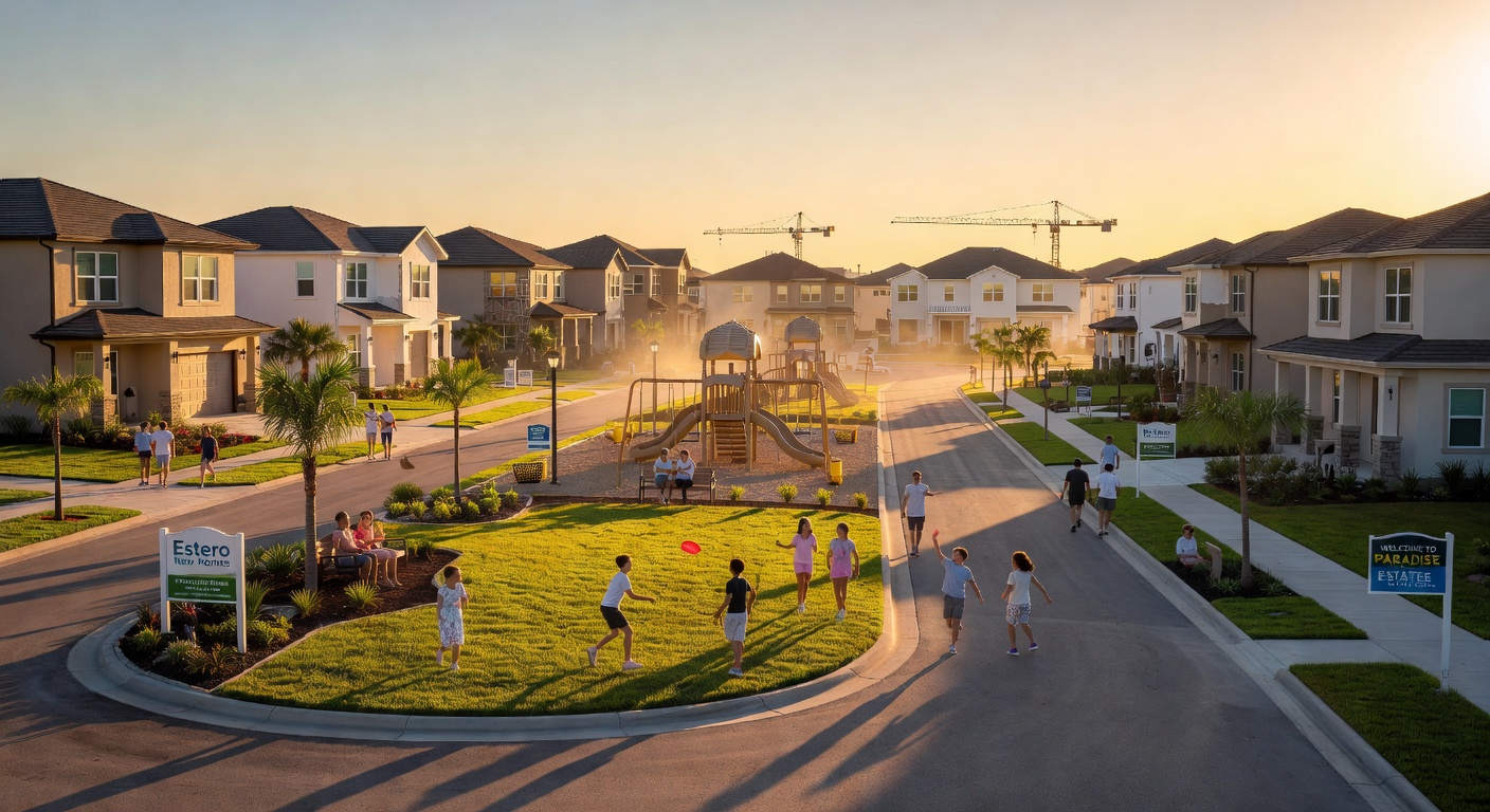 Panoramic view of Estero new construction neighborhood with children playing and families enjoying community amenities, warm afternoon light, ultra-realistic 8K