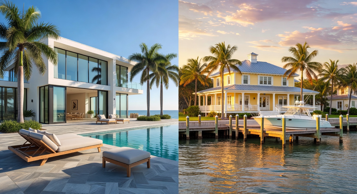 Ultra-realistic 8K side-by-side comparison split image showing luxury home in Estero on left and Fort Myers waterfront home on right, sunny Florida day