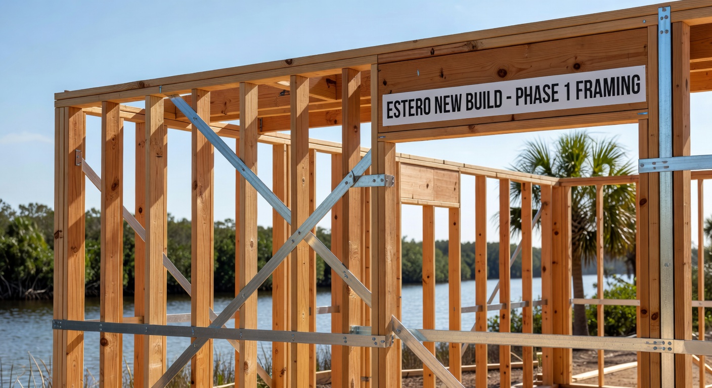 Close-up ultra-detailed image of high-quality home construction framing with proper bracing and hurricane straps in Estero new build, technical photography style