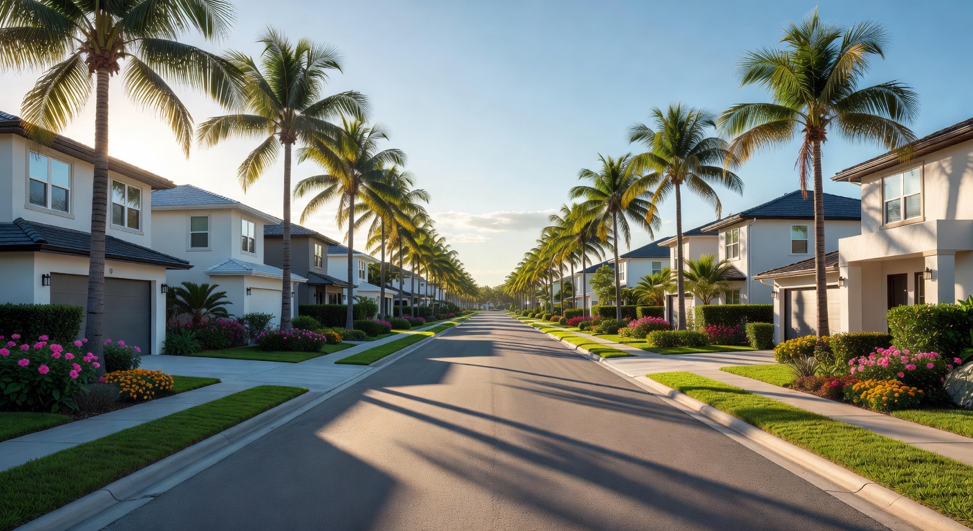 Ultra-realistic 8K photo of modern Estero Florida neighborhood street with palm trees, beautiful landscaping and contemporary homes, blue sky