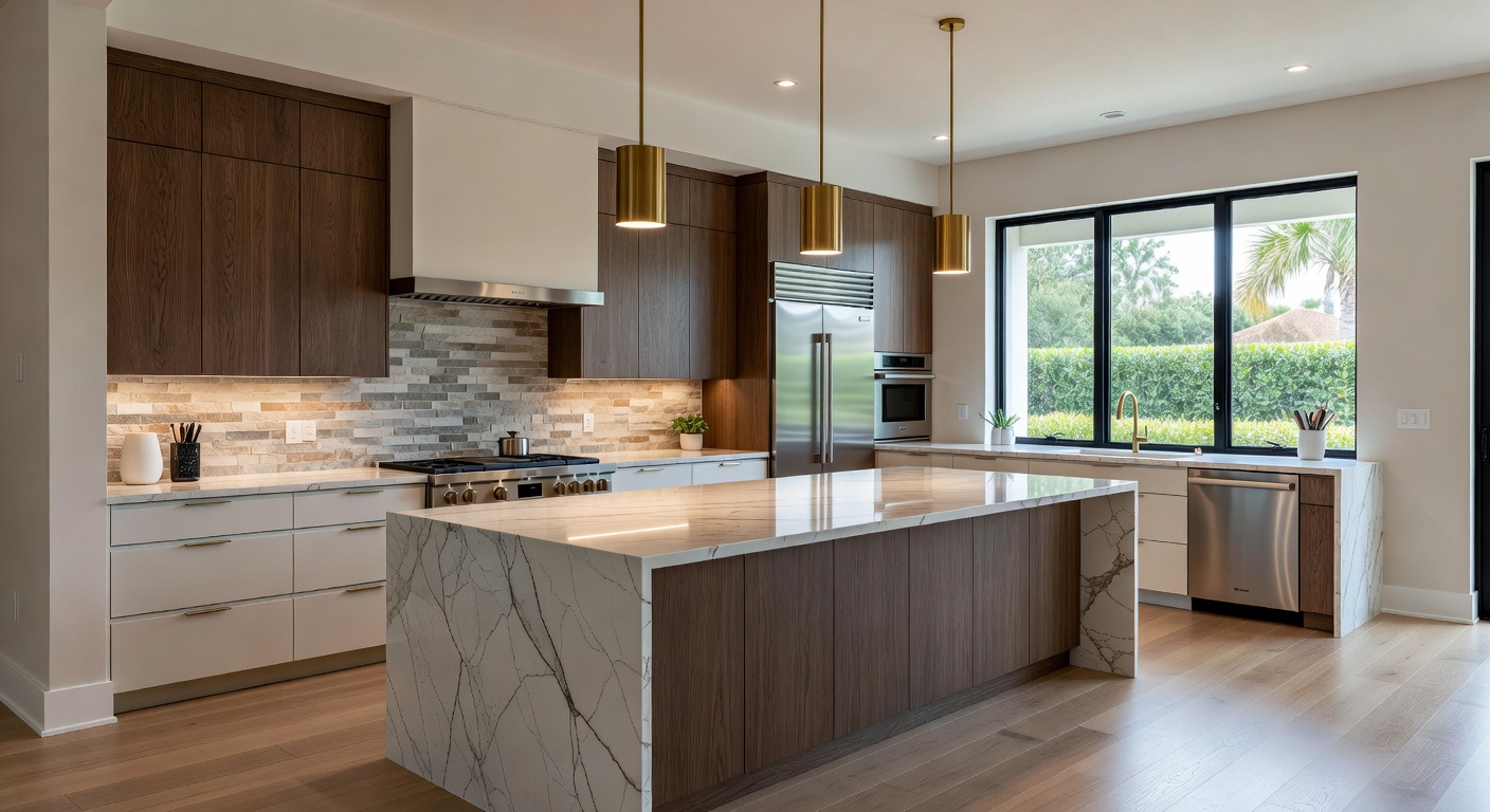 Luxurious gourmet kitchen interior in an Estero new construction home featuring upgraded quartz countertops, modern cabinetry and stainless steel appliances, 8K ultra realistic