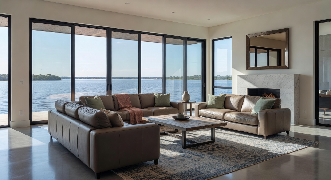 Ultra-realistic 8K interior of luxury open-concept living room in new Estero home with lake view, high-end furnishings, natural light