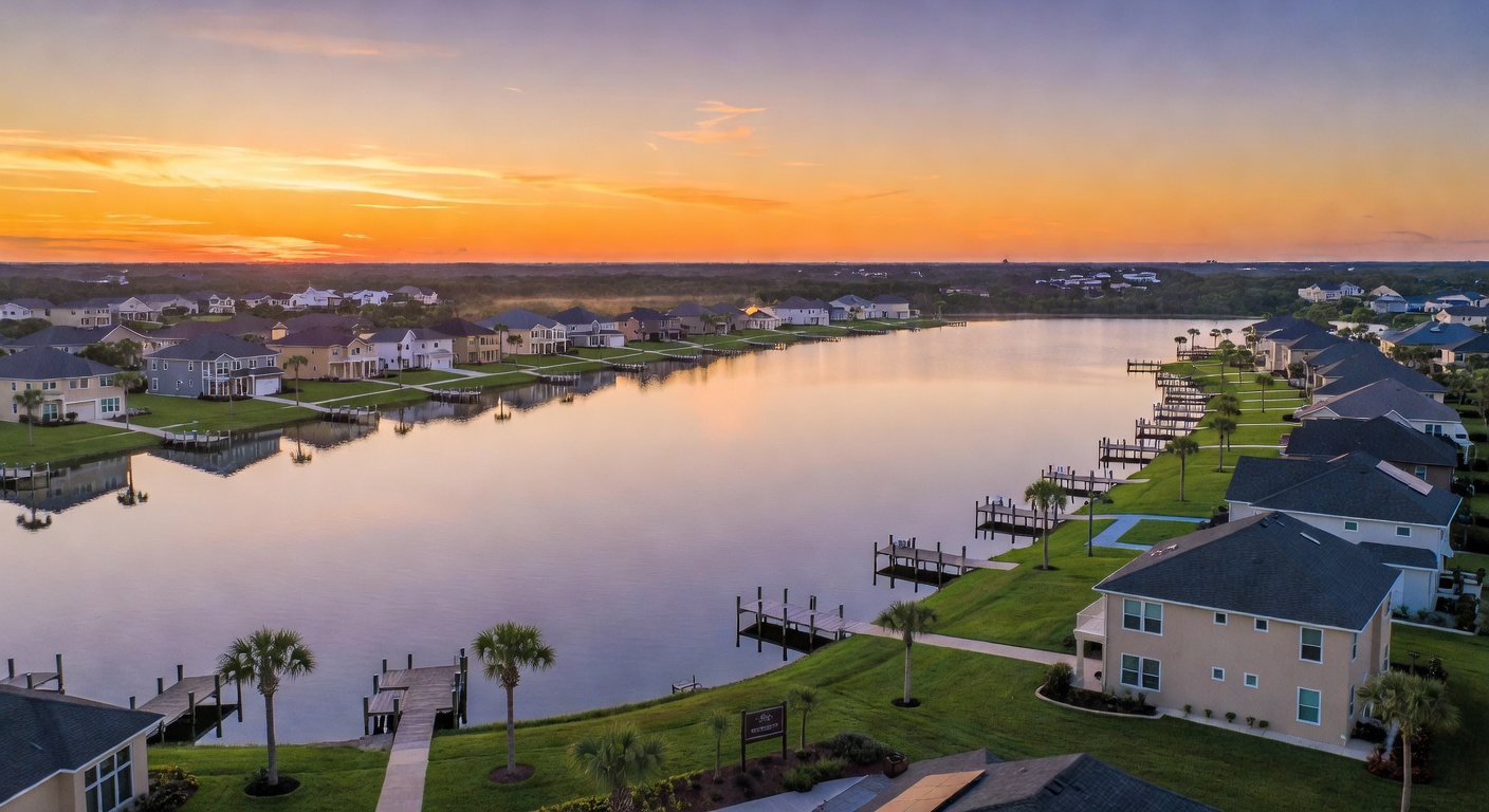 Aerial view of Estero Florida new construction homes along a scenic lake with beautiful sunset reflections, ultra-realistic 8K photography