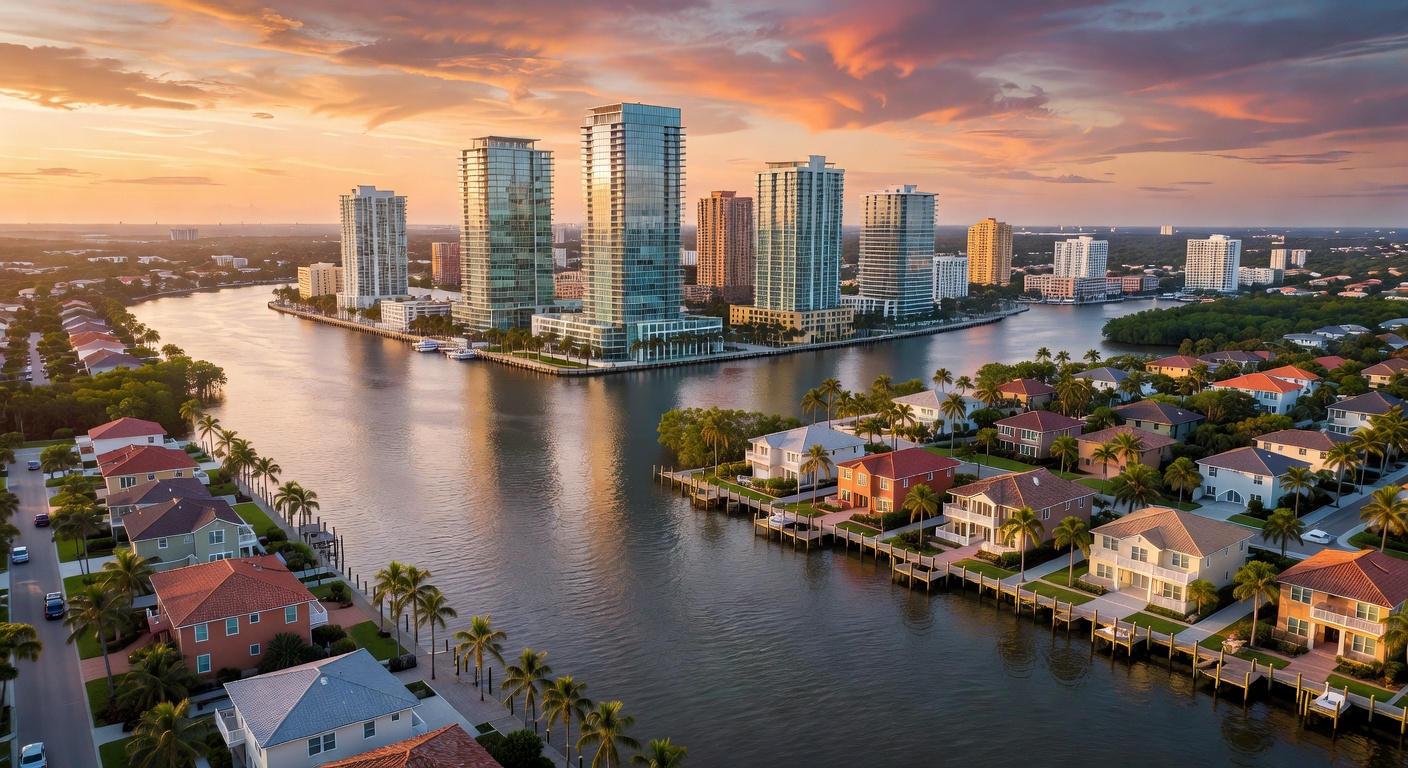 Ultra-realistic 8K aerial view of Fort Myers river district skyline and waterfront homes along Caloosahatchee River at sunset