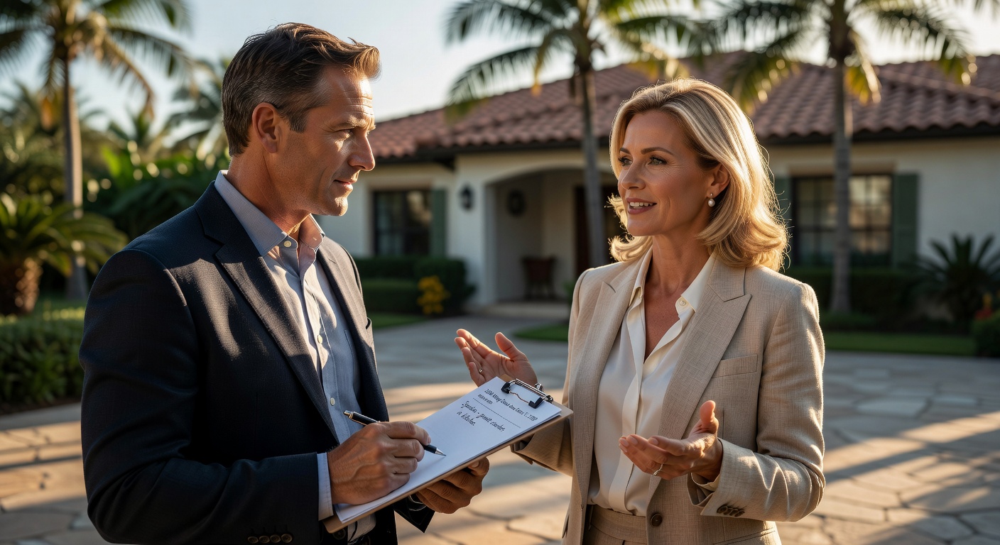 Ultra-realistic 8K close-up of a potential home buyer taking notes on a clipboard while talking to a real estate agent during an Estero open house