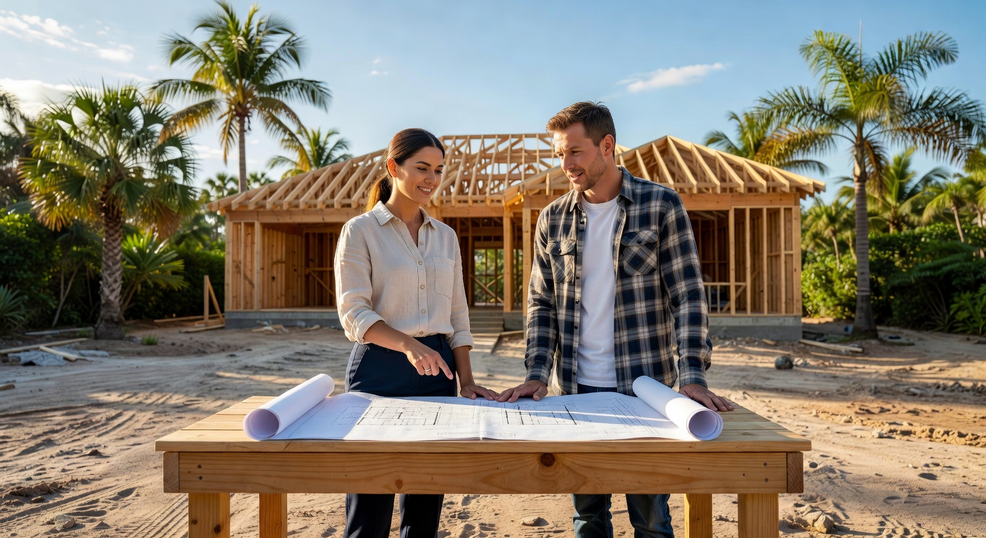 Homebuyer and real estate agent reviewing construction blueprints at a building site in Estero Florida, natural lighting, professional photography