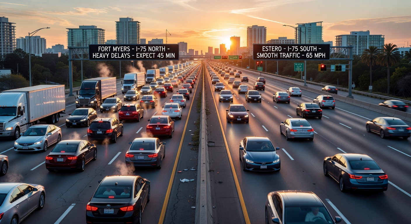 Ultra-realistic 8K image of heavy traffic on Fort Myers roads during rush hour contrasted with smooth flowing traffic in Estero, 2026
