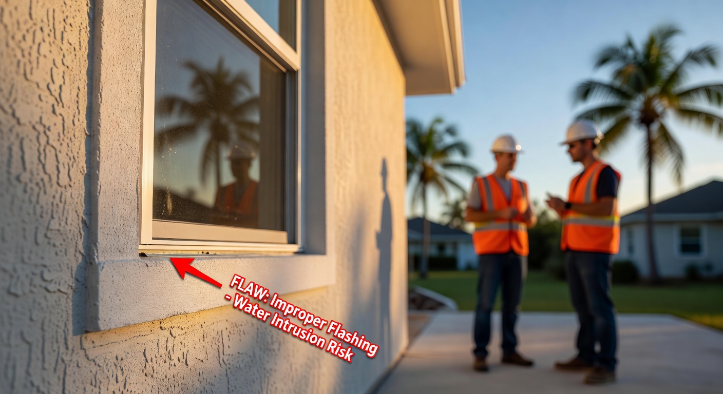 Detailed close-up of potential construction red flag showing improper flashing around a window installation on a new Florida home, educational style, 8K