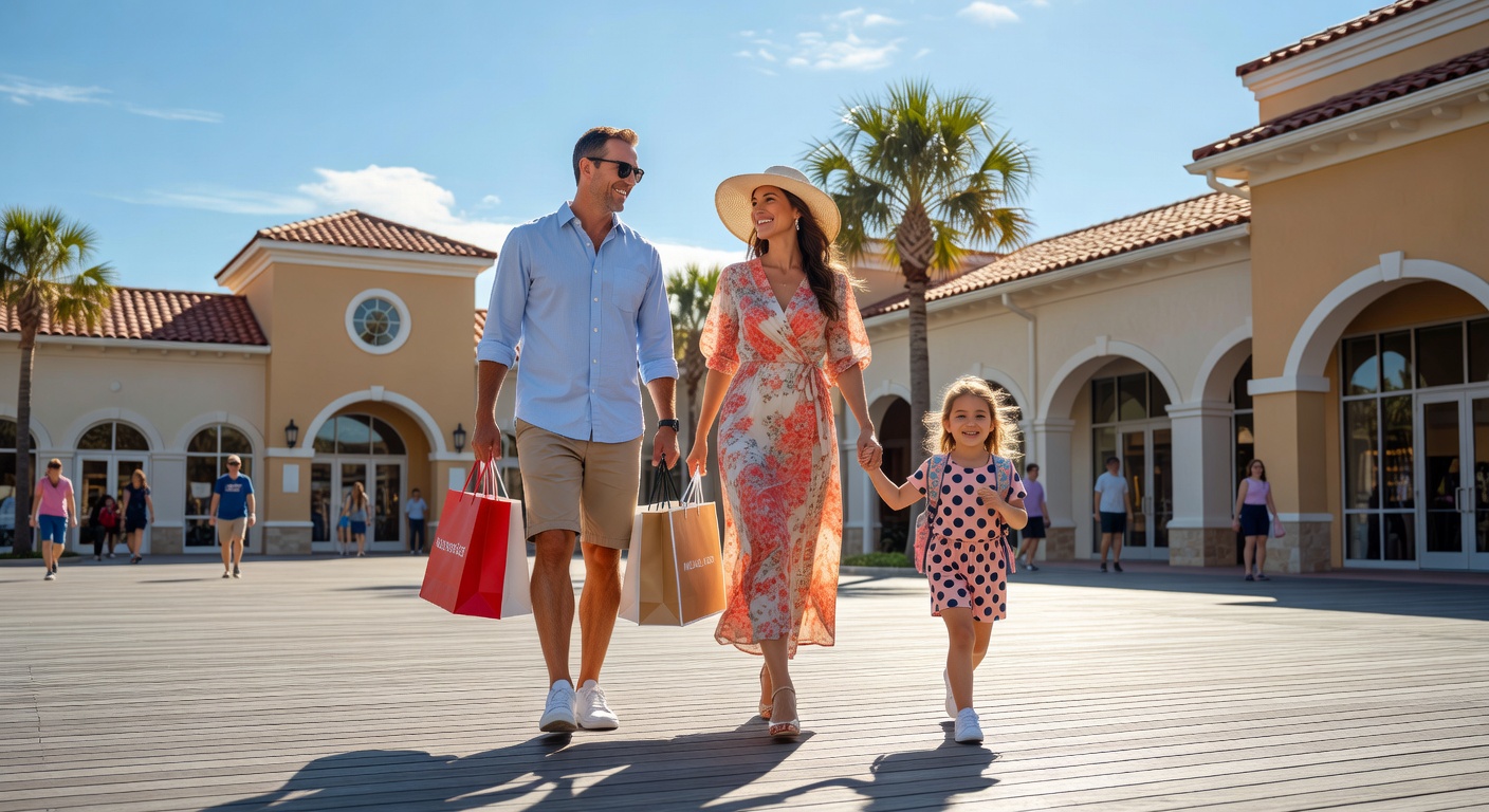 Ultra-realistic 8K photo of family walking on boardwalk at Miromar Outlets in Estero Florida with shopping bags, sunny day