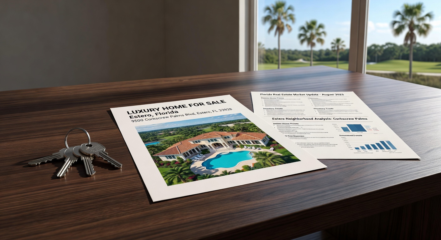 Ultra-realistic 8K photograph of Estero Florida real estate documents, market reports and house keys arranged professionally on a wooden table