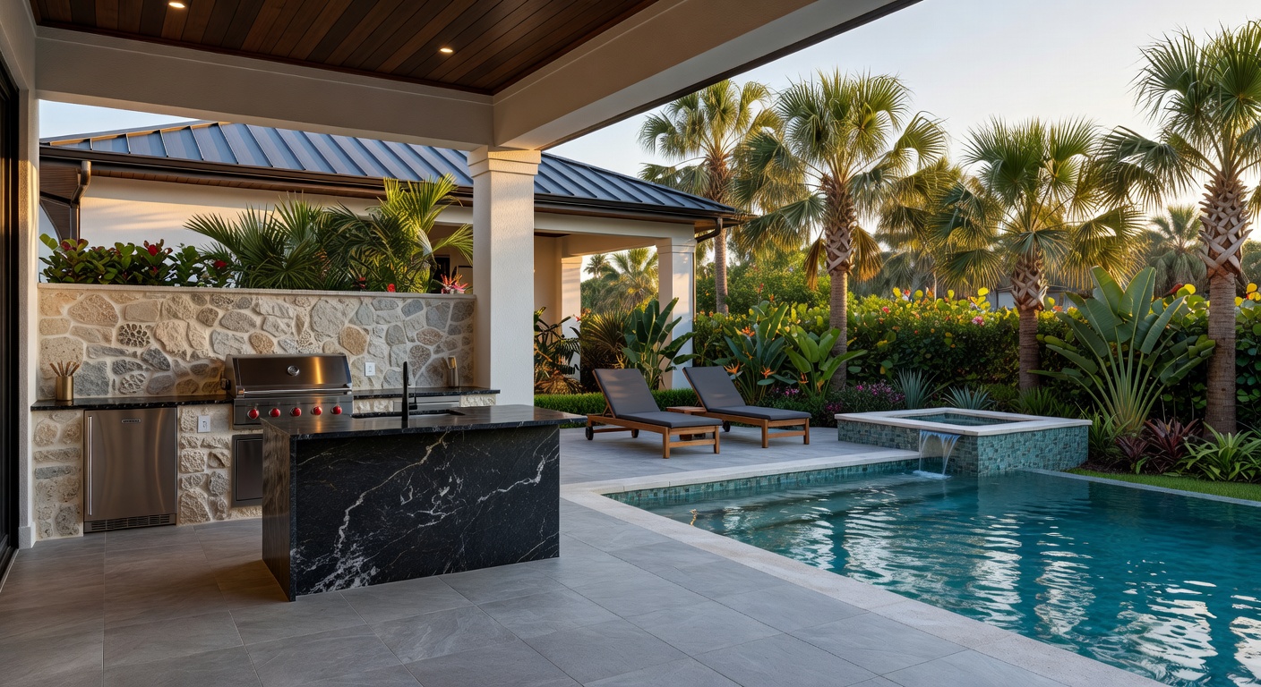 Beautifully designed outdoor lanai and pool area of a new construction home in Estero with summer kitchen, 8K ultra-realistic rendering