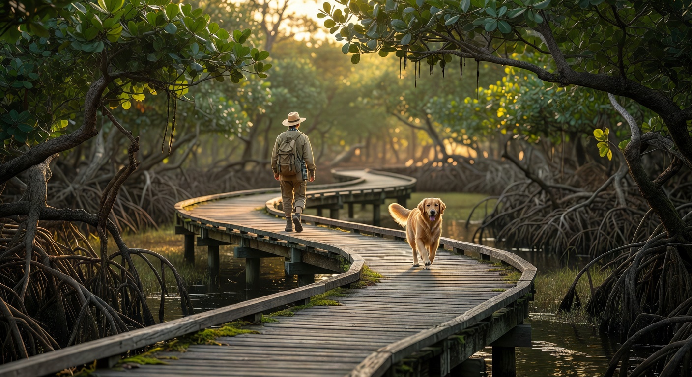 Photorealistic image of a peaceful nature trail through Estero Bay Preserve with wooden boardwalks mangroves and a resident walking with their dog