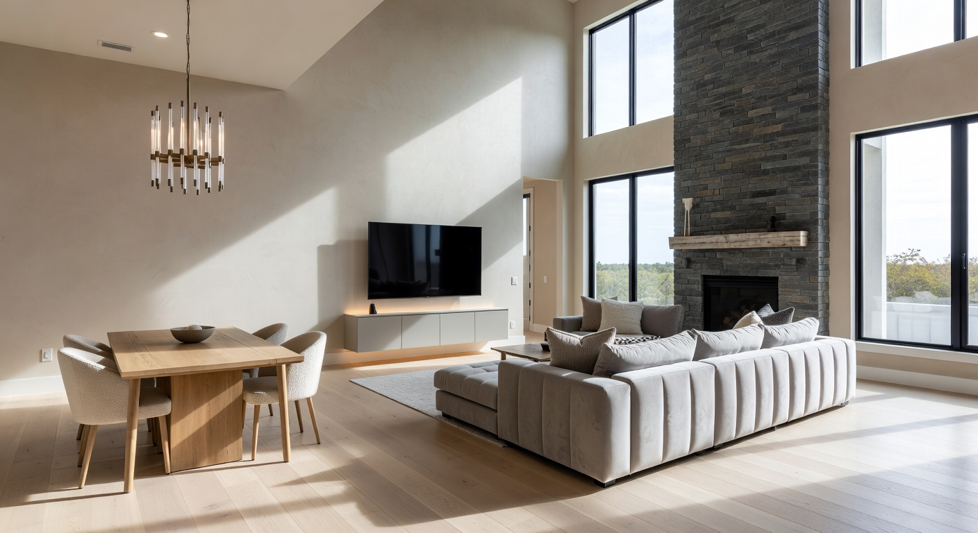 Modern open-concept living room and dining area inside a 2026 Estero new construction home with high ceilings and large windows, natural light, 8K