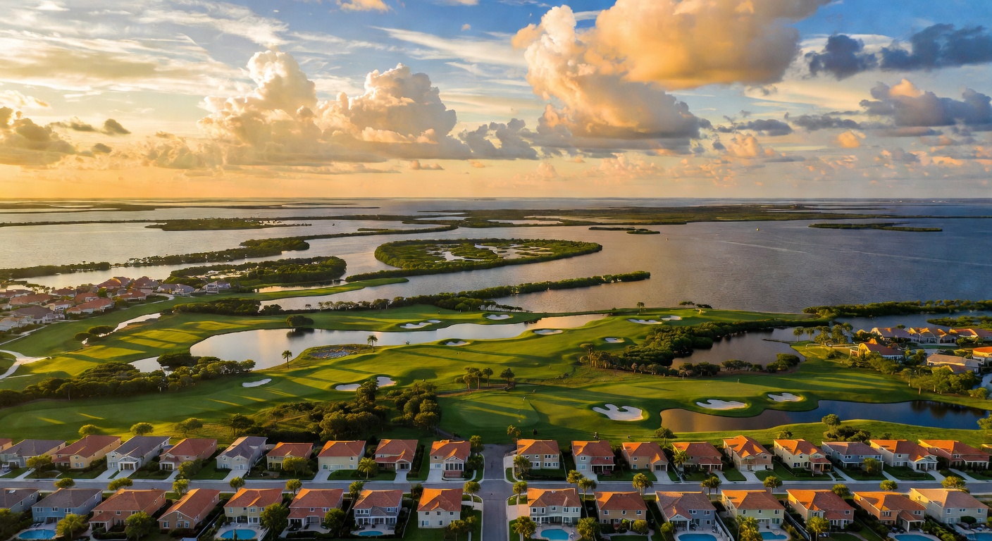 Ultra-realistic 8K aerial photograph of Estero Florida landscape showing master-planned communities, golf courses, and Estero Bay at golden hour with dramatic clouds
