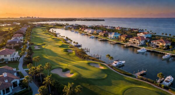 Ultra-realistic 8K aerial view of West Bay Club luxury golf community in Estero Florida at golden hour showing the championship golf course winding toward sparkling Estero Bay with luxury waterfront homes visible along the edges, cinematic lighting, highly detailed