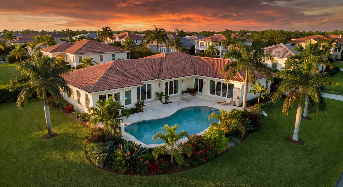 Ultra-realistic 8K aerial view of a luxurious single-story villa in Estero Florida with tropical landscaping and private pool, golden hour lighting, high-end residential community