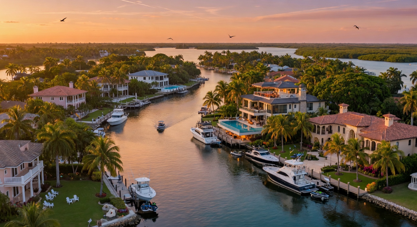Ultra-realistic 8K aerial photograph of luxurious waterfront estates along the Imperial River in Bonita Springs Florida at golden hour with boats docked and lush tropical landscaping