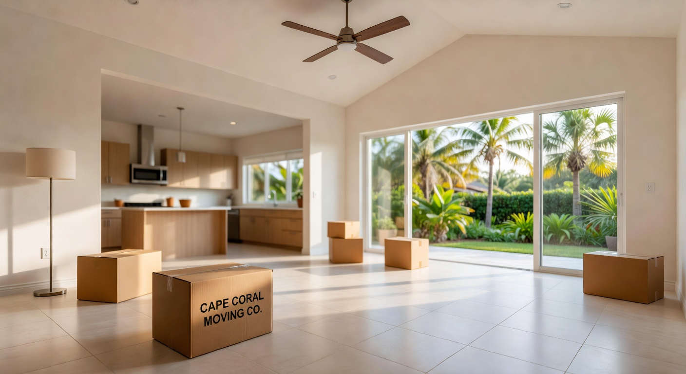 Moving day scene with cardboard boxes in an empty new villa in Cape Coral Florida, bright and welcoming atmosphere, realistic interior photography