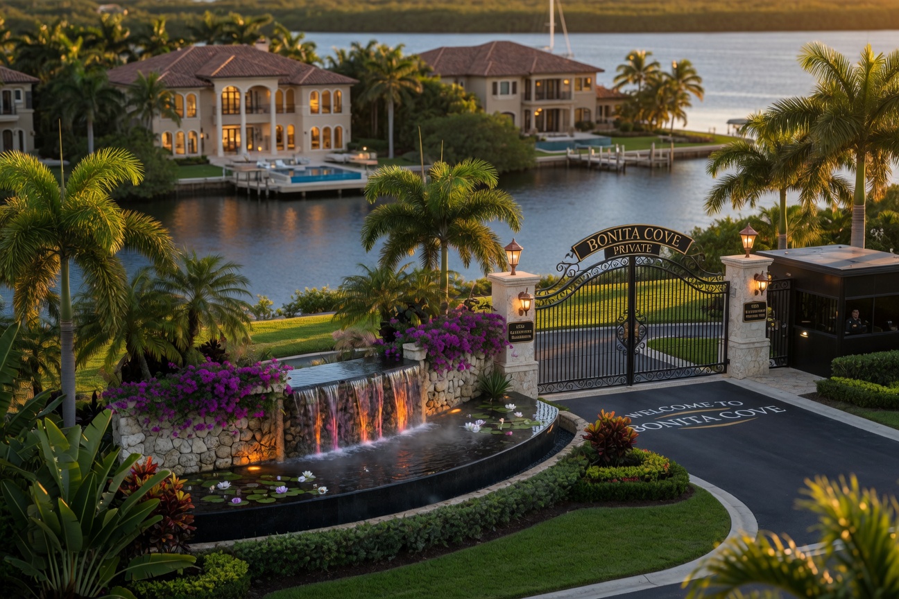 Exclusive gated waterfront community entrance in Bonita Springs with lush landscaping water features and luxury homes visible in distance 8K detail