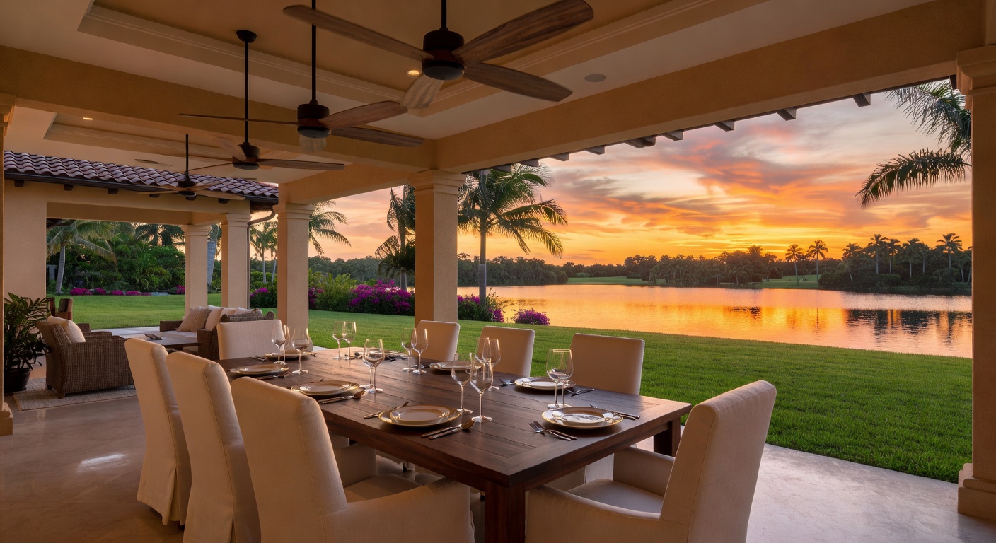 Luxurious villa lanai with outdoor dining area, ceiling fans, and view of a lake in a Naples Florida community, golden sunset, photorealistic