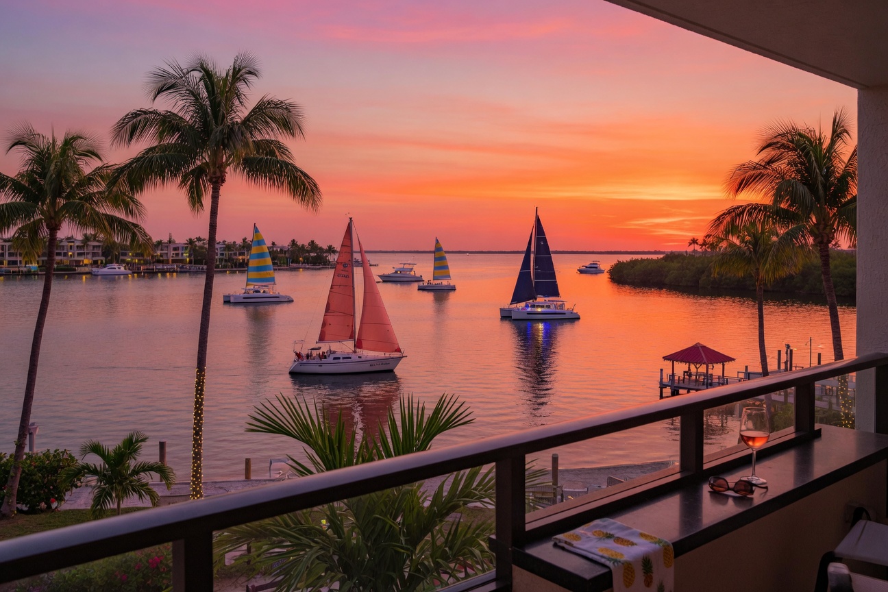 Sunset view from a waterfront balcony in Bonita Springs with palm trees sailboats on the water and vibrant orange pink sky ultra-realistic 8K image