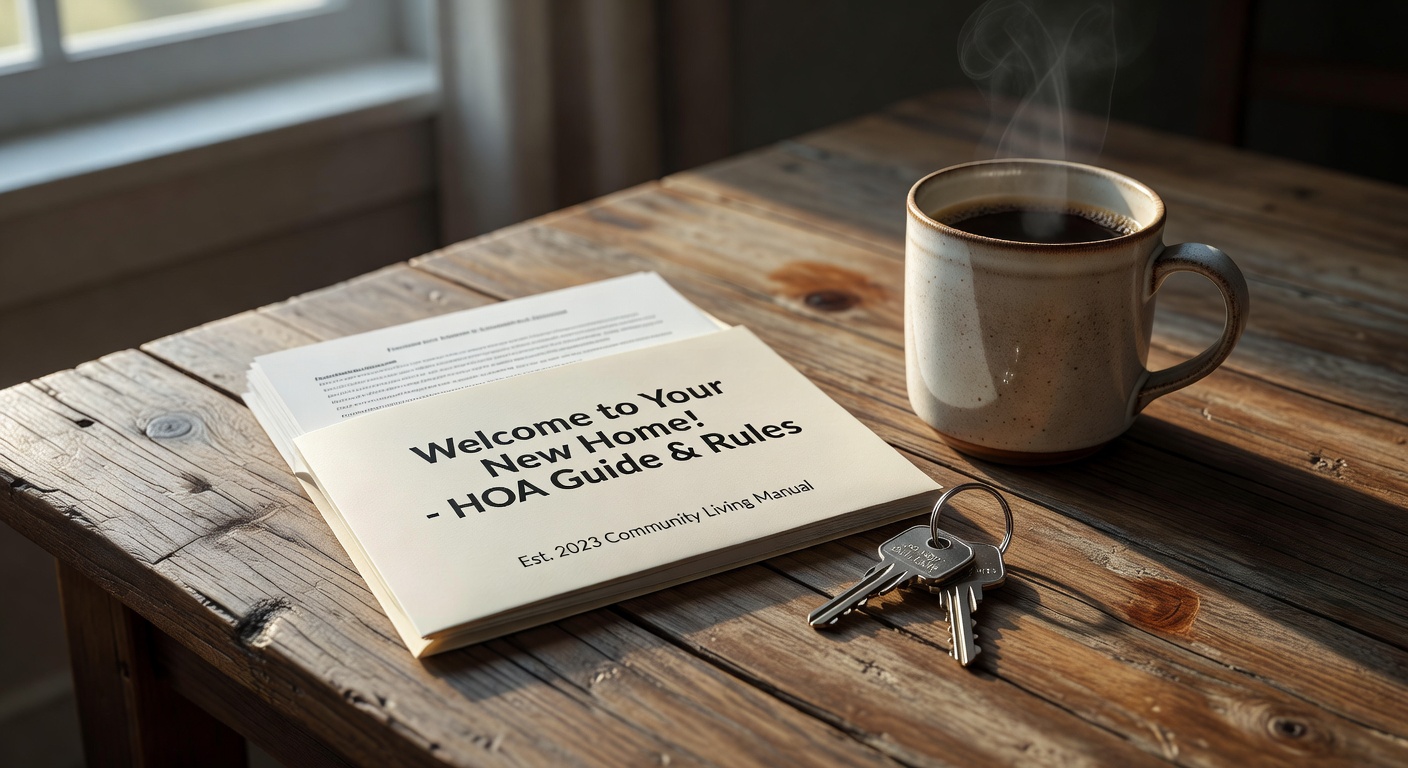 Homeowners association welcome packet and documents on a wooden table with keys and coffee, realistic still life photography, 8K detail