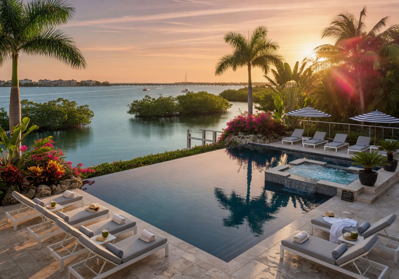 Luxury waterfront swimming pool and spa area overlooking Estero Bay in Bonita Springs with lounge chairs and tropical vegetation 8K resolution