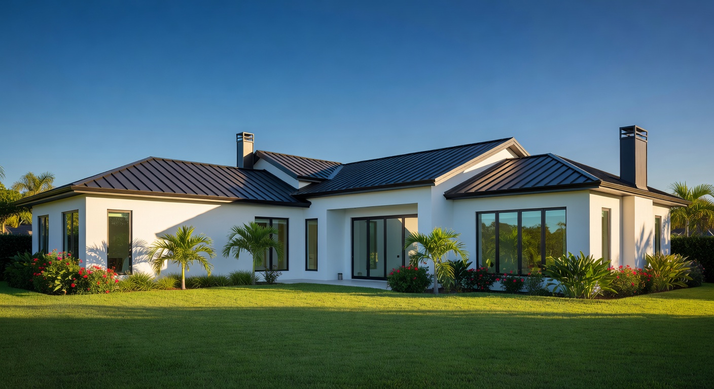 New construction villa exterior with contemporary architecture, white stucco, metal roof accents, and landscaping in Estero Florida, blue sky background