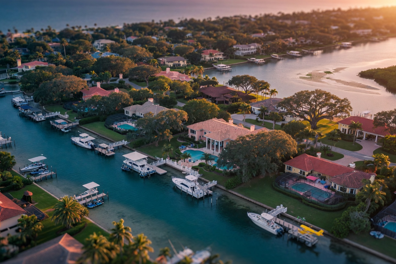 Realistic aerial photograph of Spanish Wells waterfront neighborhood in Bonita Springs showing large estates with private docks and mature oak trees