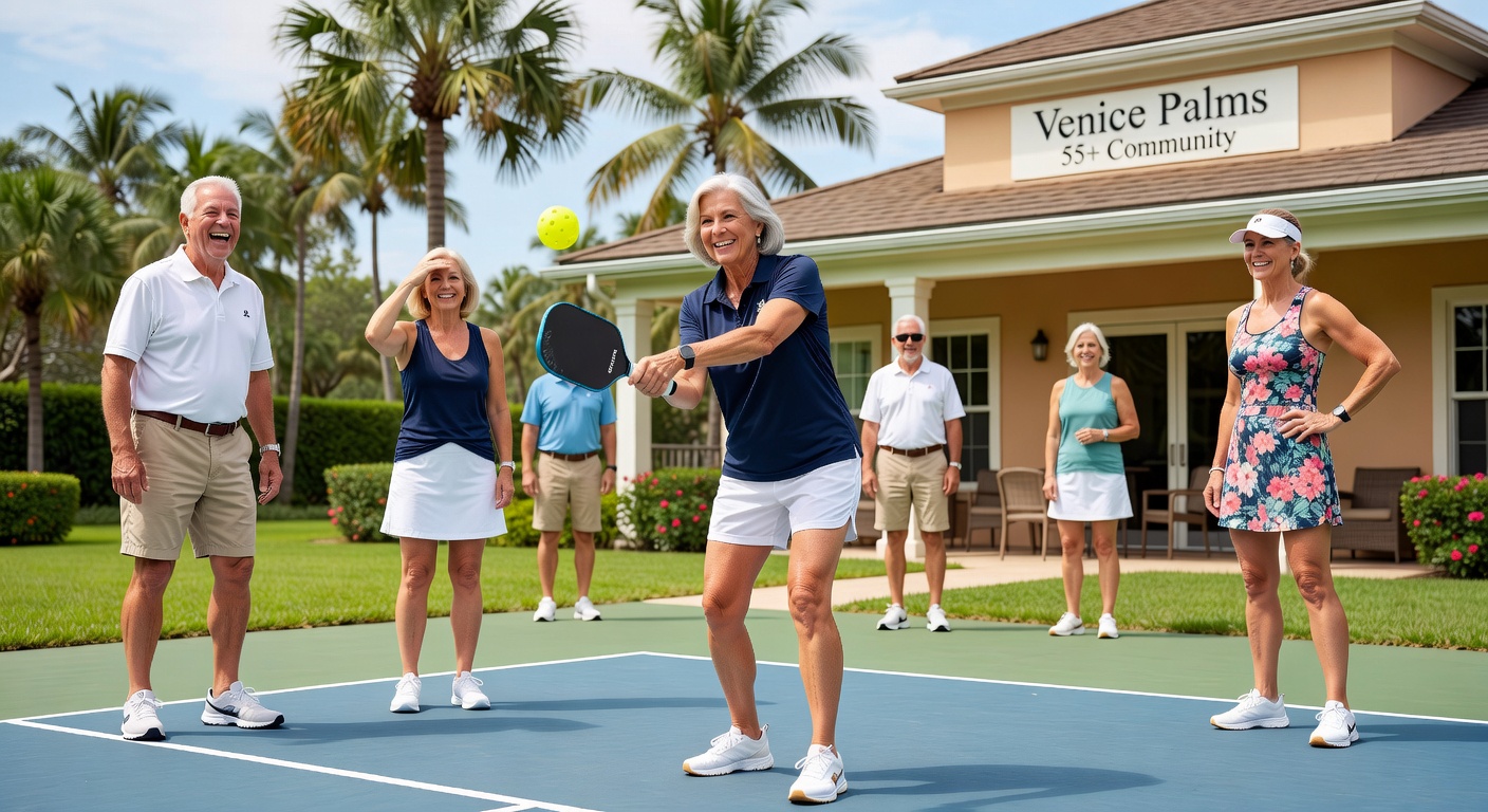 Active seniors playing pickleball at a 55+ community clubhouse in Venice Florida, energetic and joyful atmosphere, realistic lifestyle image