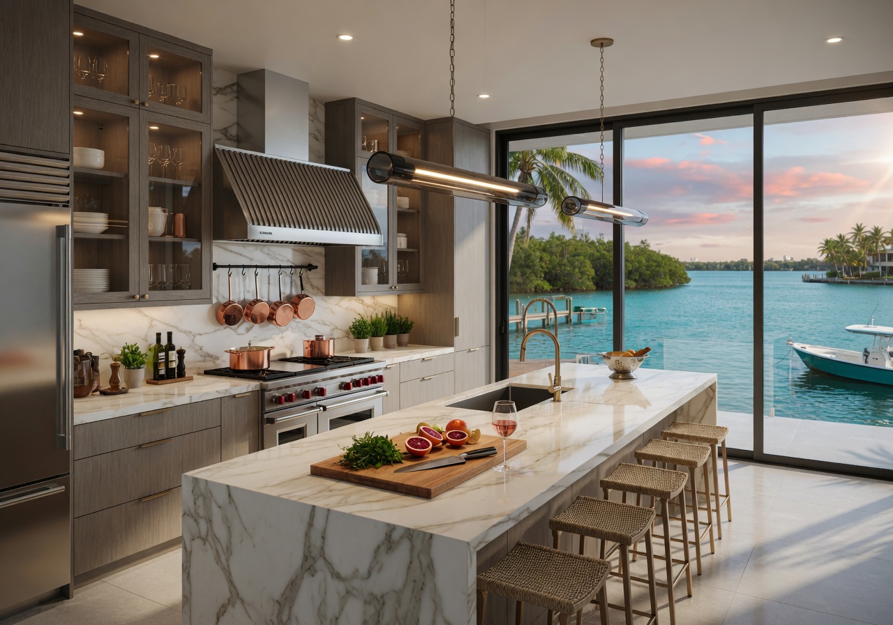 Modern open-concept gourmet kitchen in a Bonita Springs waterfront home with views of the water through large glass doors 8K ultra-detailed