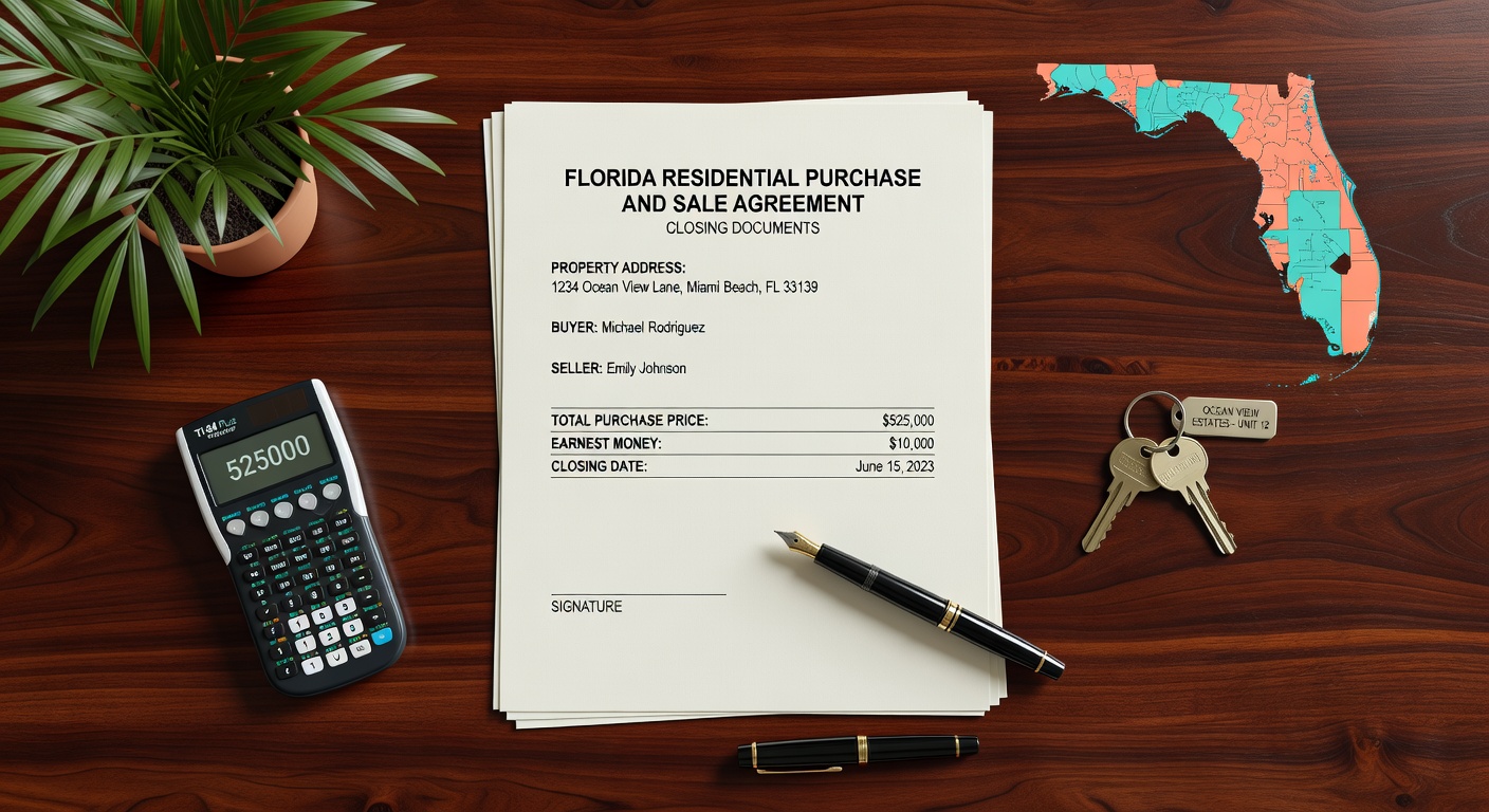 Florida home closing documents with calculator, keys, and pen on desk, professional real estate photography, sharp focus 8K