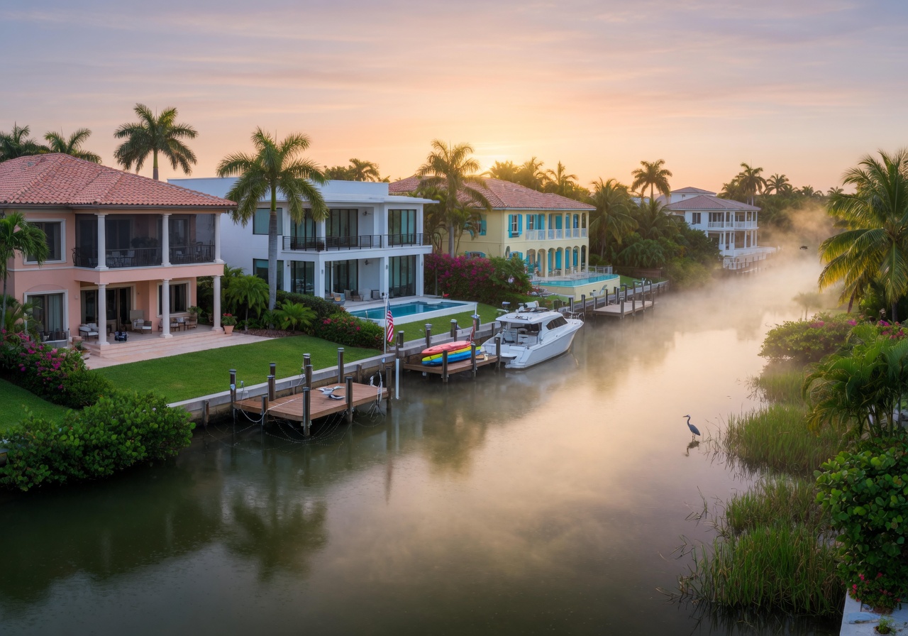 Peaceful morning scene of a canal in Bonita Springs with mist rising from the water and luxury homes along the banks realistic 8K photography