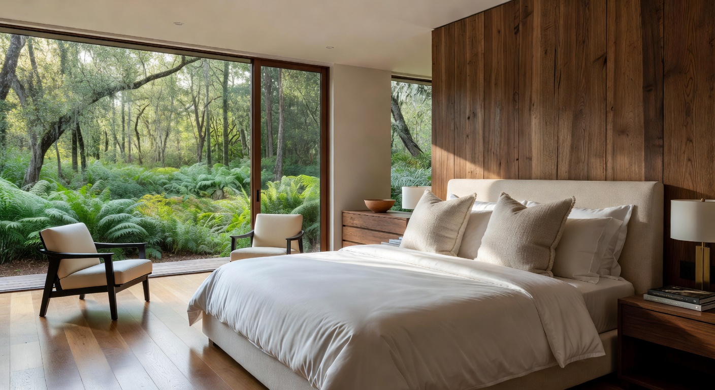 Beautiful single-level villa bedroom with king bed, large windows overlooking preserve, soft natural lighting, luxury interior design, ultra-realistic