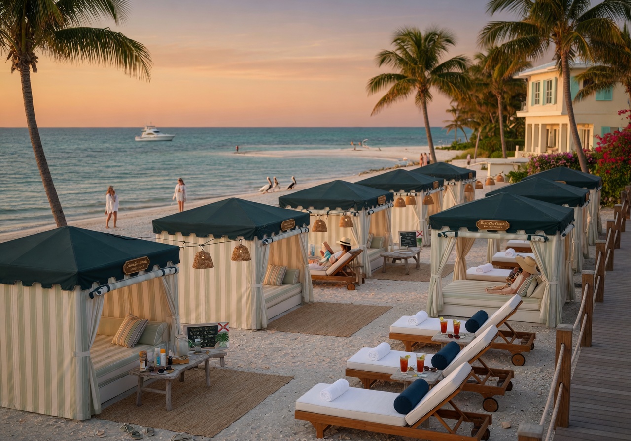 Private beach club for a waterfront community in Bonita Springs Florida with cabanas lounge chairs and the Gulf of Mexico in background 8K