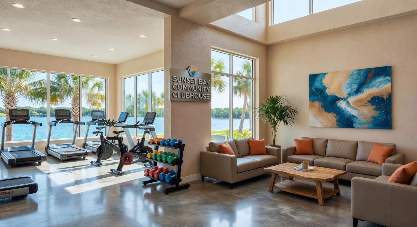 Community clubhouse interior with fitness center and gathering space in a Punta Gorda Florida 55+ neighborhood, bright modern design, photorealistic