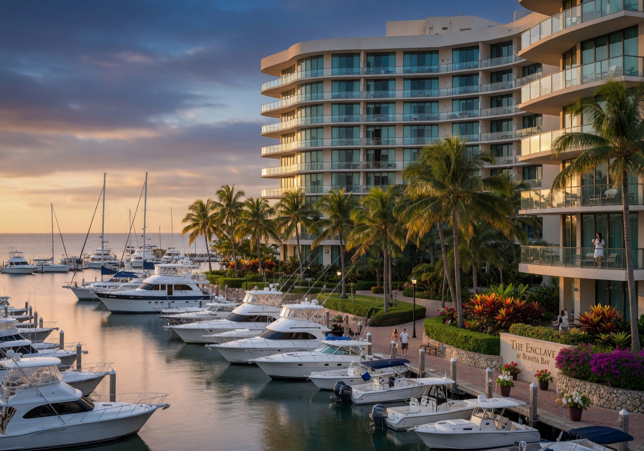 Luxury waterfront condominium building in Bonita Springs with marina full of boats and beautiful landscaping along the water ultra-realistic 8K image