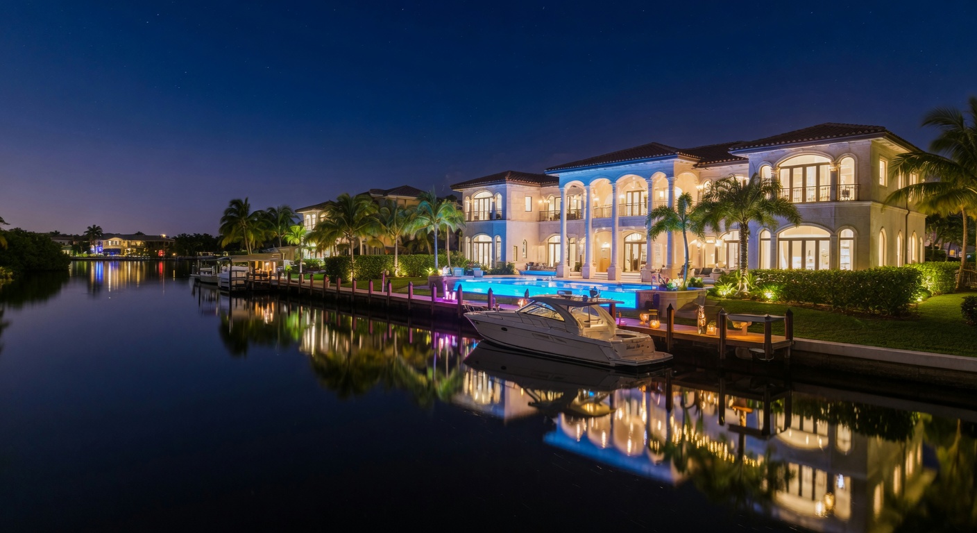 Dramatic wide-angle shot of a multi-million dollar waterfront estate in Bonita Springs at night with all lights illuminated reflecting in the calm canal water 8K
