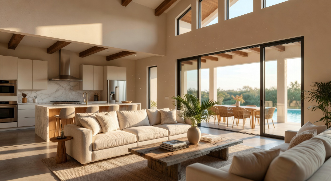 Beautiful interior of a modern Florida villa open-concept living room with high ceilings, large sliding glass doors to lanai, light neutral colors, 8K photorealistic