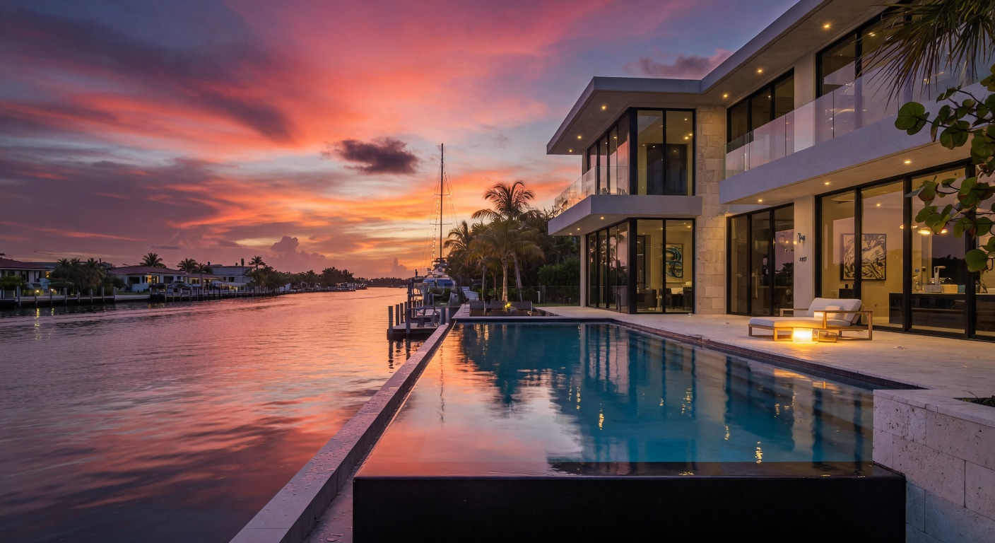 Elegant modern waterfront home in Bonita Springs with infinity pool overlooking a wide canal at sunset with dramatic sky reflections on the water in 8K resolution