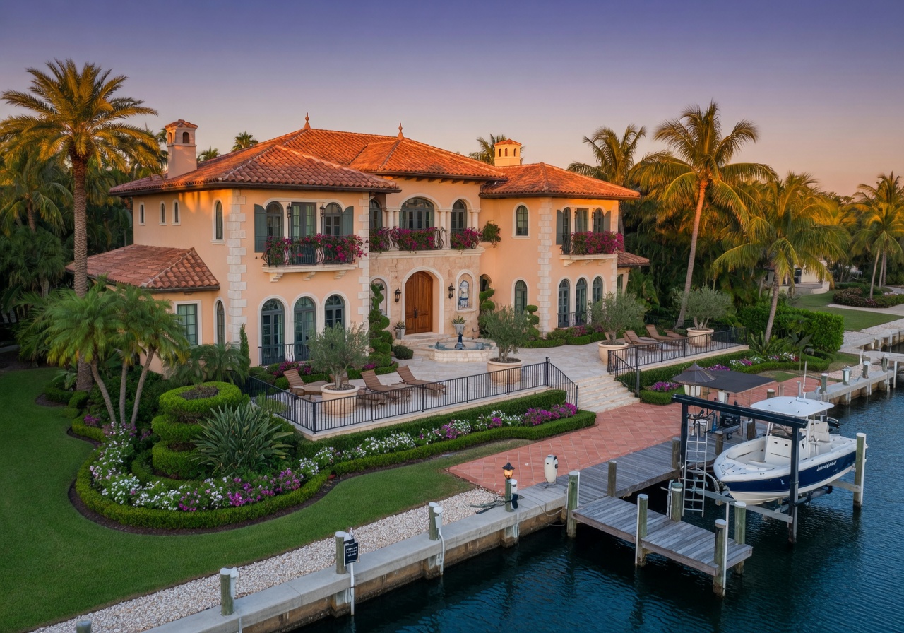 Professional real estate photography of a Mediterranean-style waterfront mansion in Bonita Bay Bonita Springs with private dock boat lift and manicured gardens ultra-realistic 8K