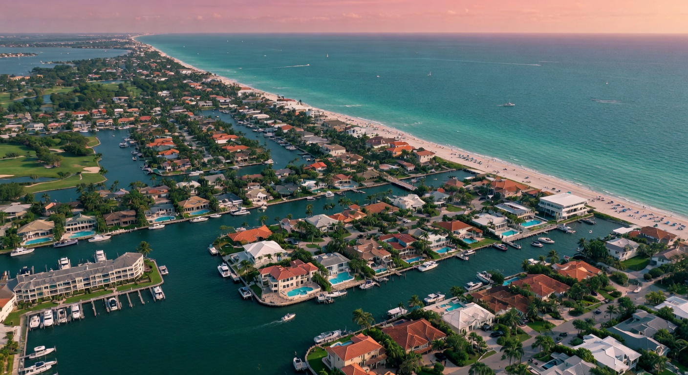 Stunning aerial view of Bonita Springs Florida coastline showing multiple waterfront neighborhoods canals and the Gulf of Mexico in vibrant 8K detail