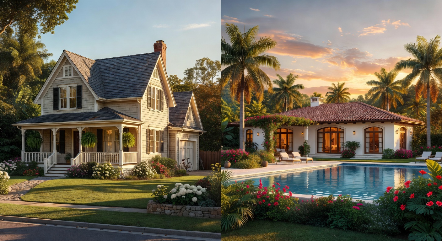 Side-by-side comparison of traditional single family home versus Florida villa style home, split image, realistic architectural rendering