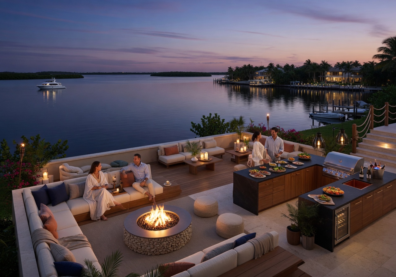 Luxurious outdoor waterfront living space in Bonita Springs with summer kitchen fire pit comfortable seating and panoramic water views at twilight 8K ultra-realistic