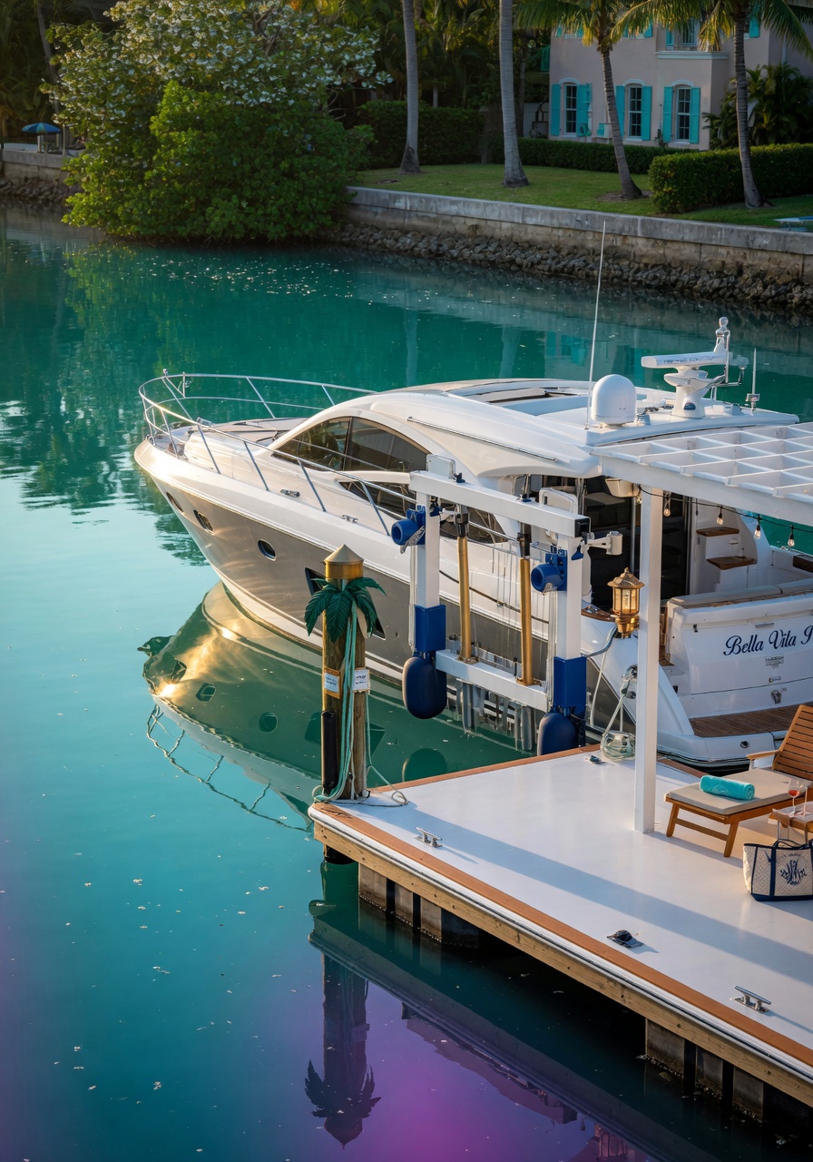 Close-up of a private boat dock with lift on a pristine canal in Bonita Springs Florida with a luxury yacht moored realistic 8K photography