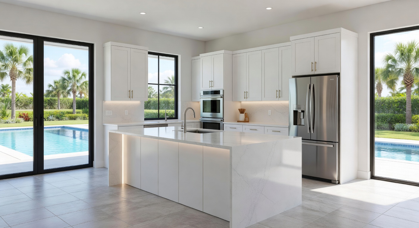 Modern kitchen inside a new construction villa in Estero FL with white cabinets, quartz countertops, stainless steel appliances, bright natural light, 8K resolution