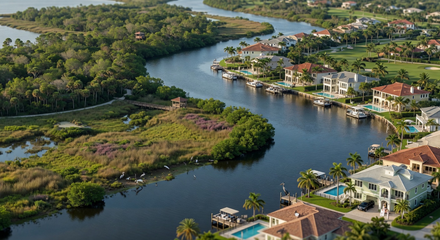 Beautiful aerial shot of The Brooks community in Bonita Springs showing waterfront homes nature preserves and the Imperial River winding through the landscape