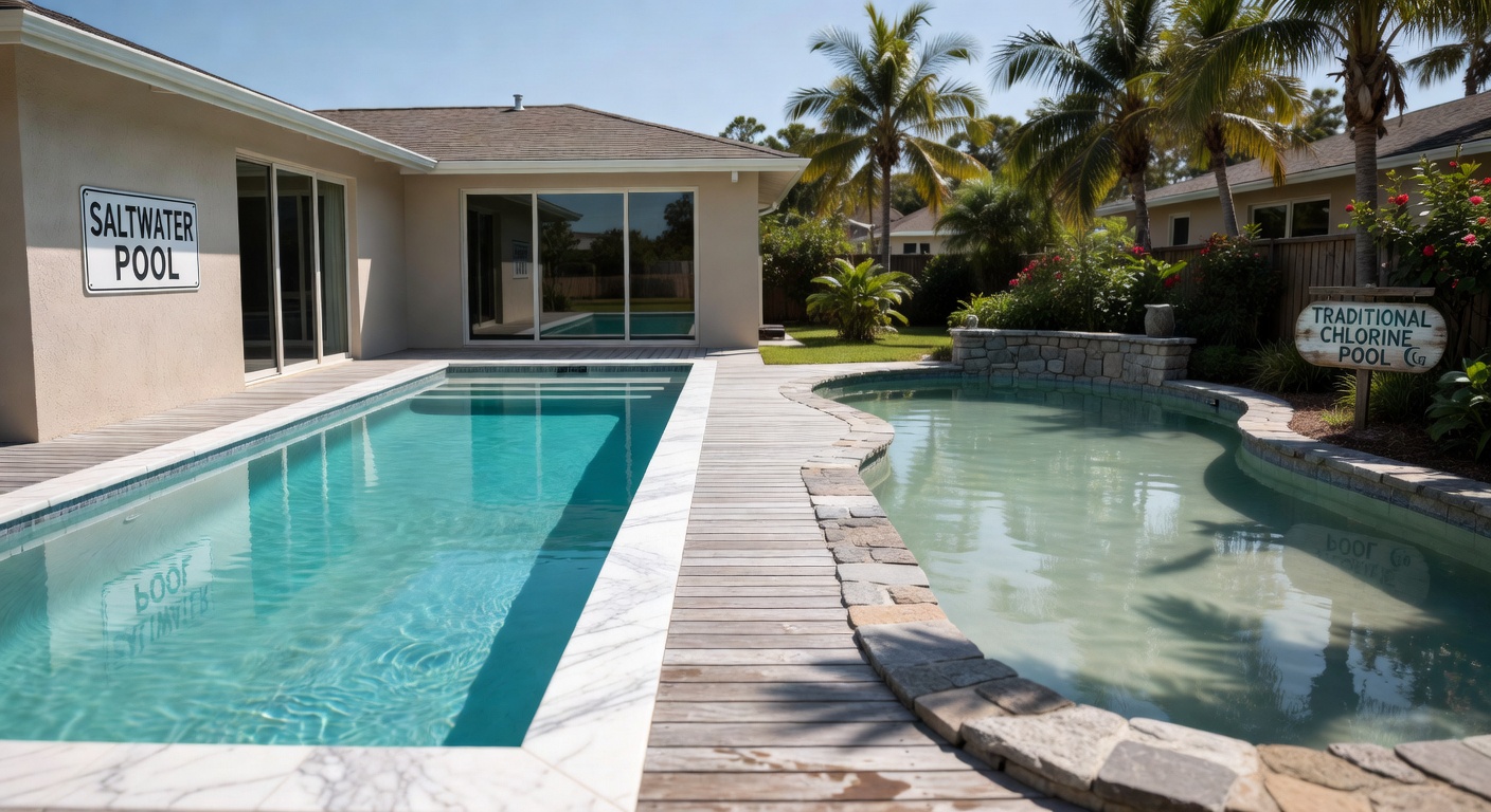 Saltwater swimming pool versus traditional chlorine pool side-by-side comparison in Florida backyard setting, realistic daylight photography